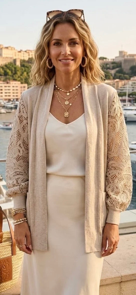 Lace Sleeve Pocket Beige Soft Knit Cardigan One Size 8-16
