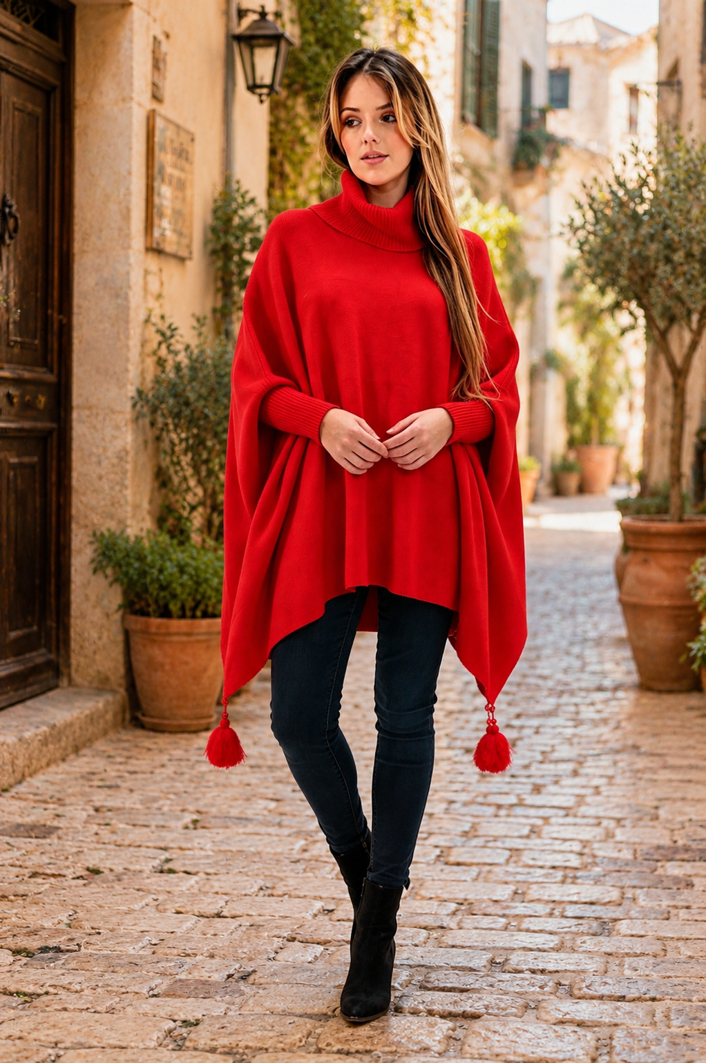 Red Tassell Poncho Jumper One Size 10-24
