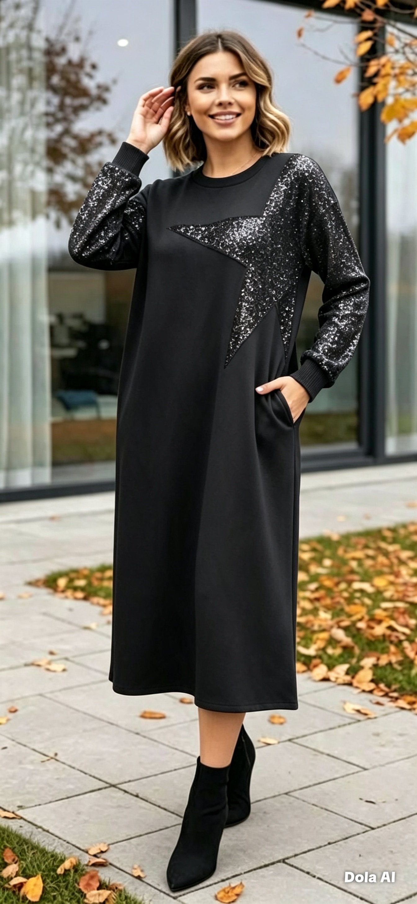 Black Soft Touch Scuba Sequin Star Dress One Size 10-18