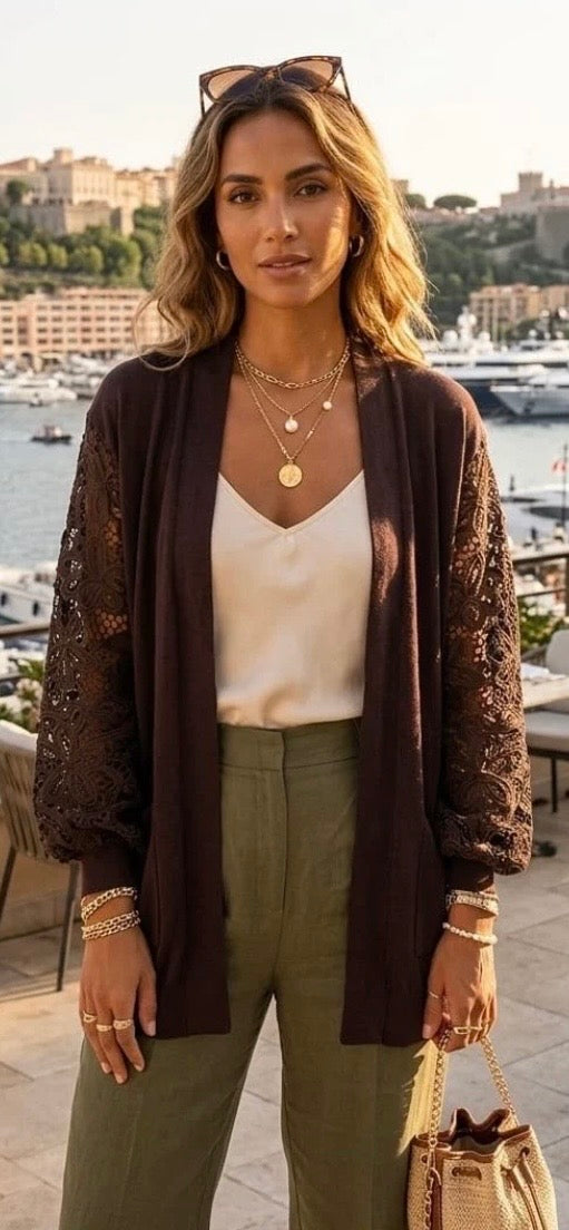 Lace Sleeve Pocket Brown Soft Knit Cardigan One Size 8-16