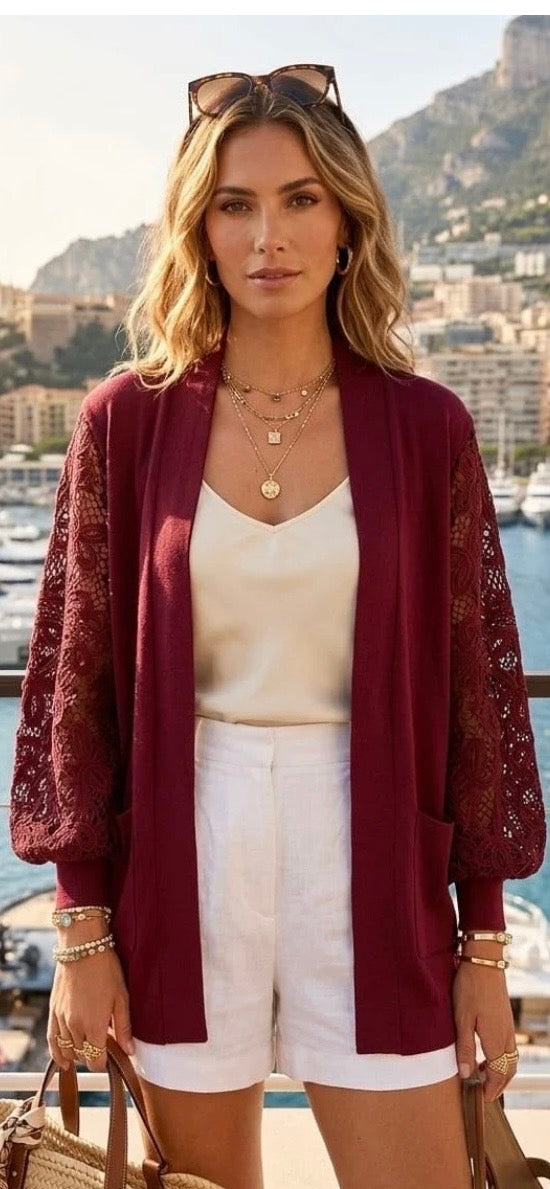 Lace Sleeve Berry Pocket Soft Knit Cardigan 8-16