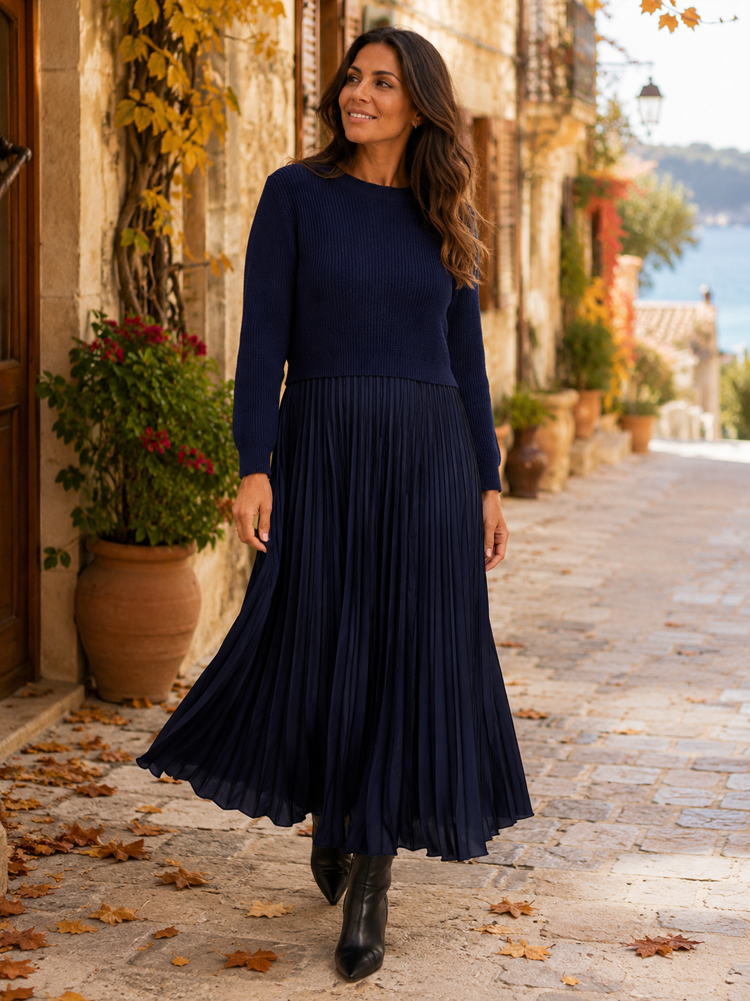 Navy Knitted Top Satin Pleated Illusion Dress One Size 10 to 16