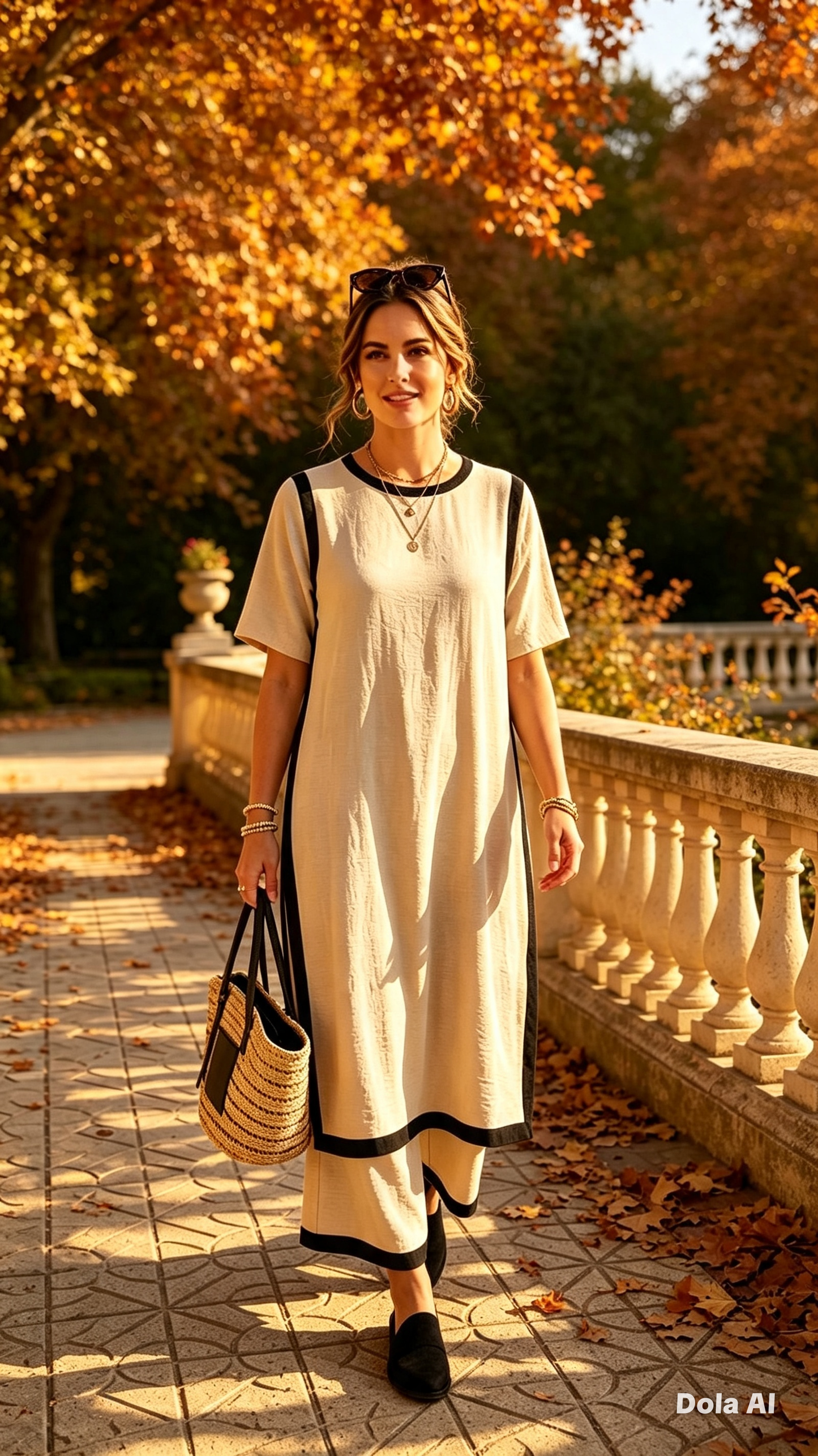 Beige & Black Long Tunic Co Ord Set One Size 10 to 18