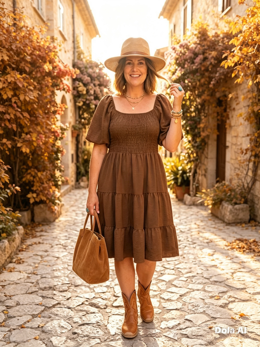 Brown Puff Sleeve Tiered Dress One Size 8 to 16