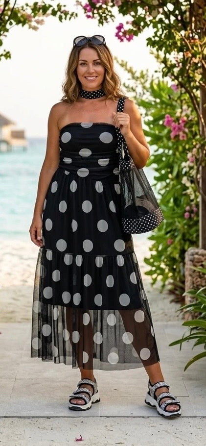 Black And White Polka Dot Strapless Dress One Size 10 to 16